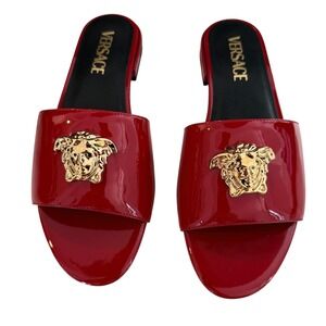 Versace Medusa Biggie Red Patent Leather Flat Slides Sandals Gold Hardware 37